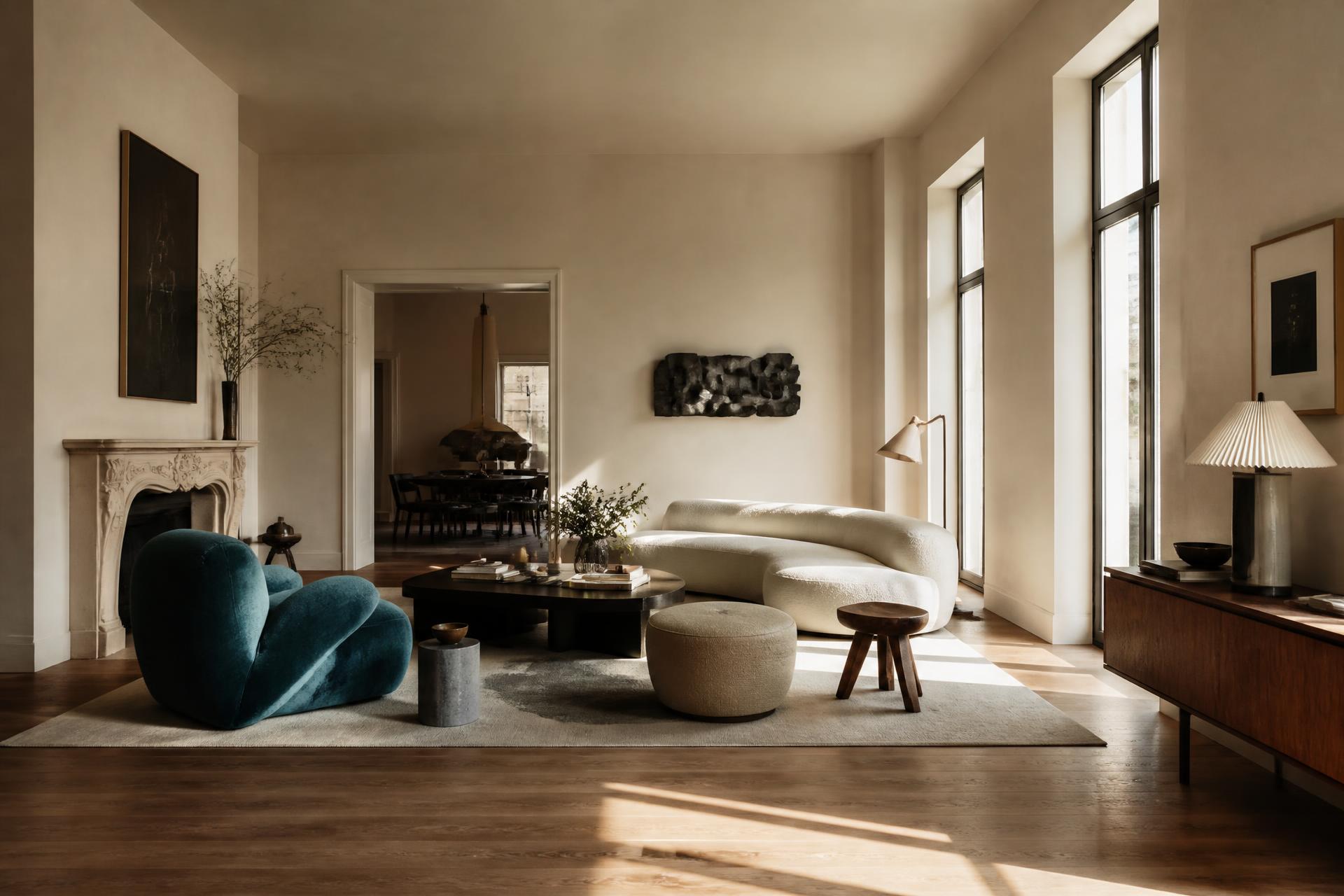 Sunlit modern living room with warm oak floors and a deep teal accent chair